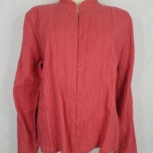 NWOT Orvis coral pink 100% Linen pin tuck button front blouse shirt ladies Large